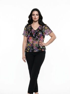 Ralph Lauren Black Floral Ruffle V-Neck Sheer Blouse